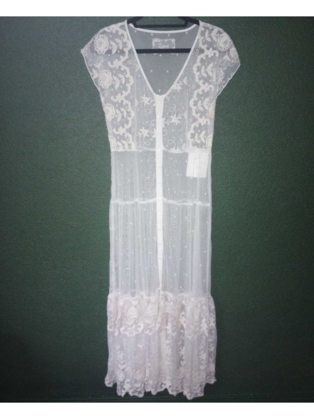 Love by Johnny Was Sheer Ivory Midi Dress Floral Embroidered Swiss Dot Buttons S